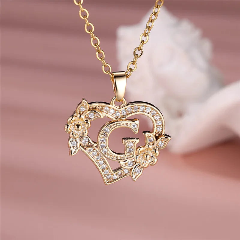 Flower Heart Pendant Necklace (choose from A to Z Letter)