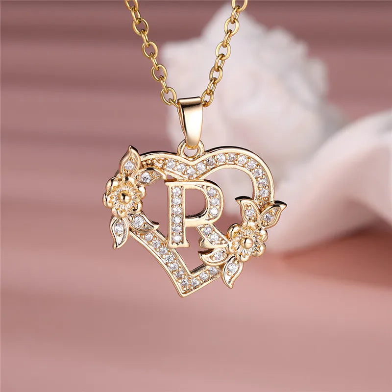 Flower Heart Pendant Necklace (choose from A to Z Letter)