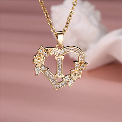 Flower Heart Pendant Necklace (choose from A to Z Letter)