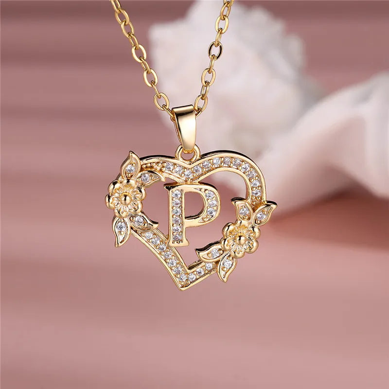 Flower Heart Pendant Necklace (choose from A to Z Letter)