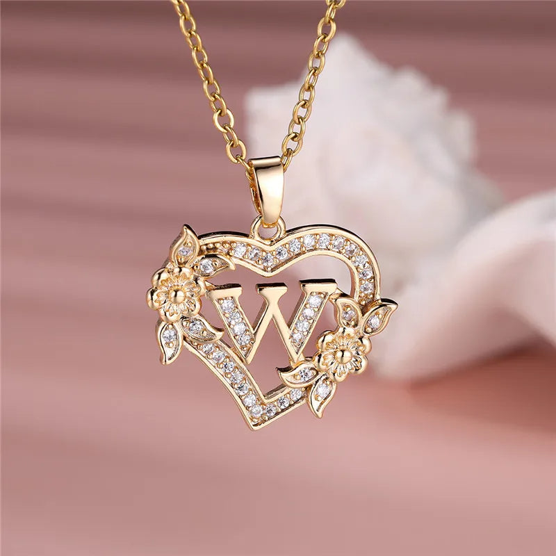 Flower Heart Pendant Necklace (choose from A to Z Letter)