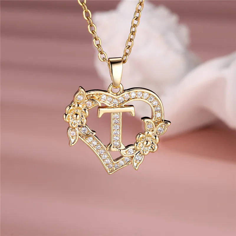 Flower Heart Pendant Necklace (choose from A to Z Letter)