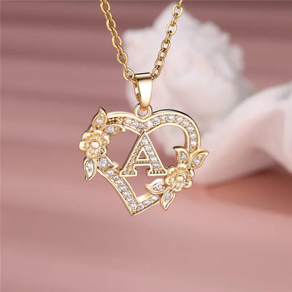 Flower Heart Pendant Necklace (choose from A to Z Letter)