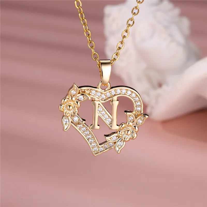 Flower Heart Pendant Necklace (choose from A to Z Letter)