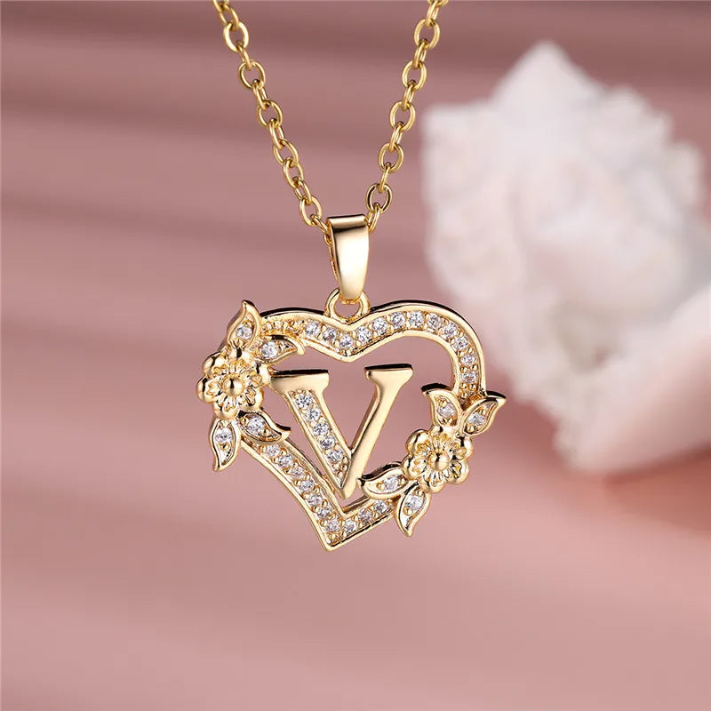 Flower Heart Pendant Necklace (choose from A to Z Letter)