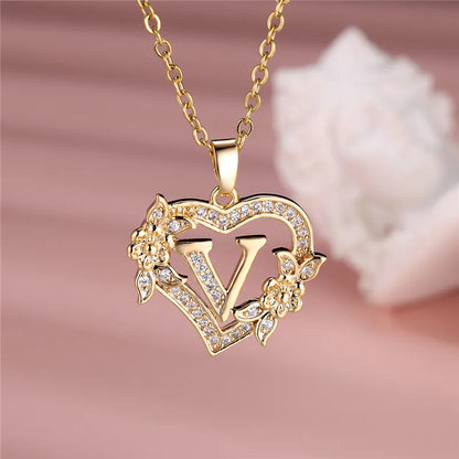 Flower Heart Pendant Necklace (choose from A to Z Letter)