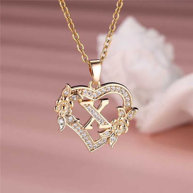 Flower Heart Pendant Necklace (choose from A to Z Letter)