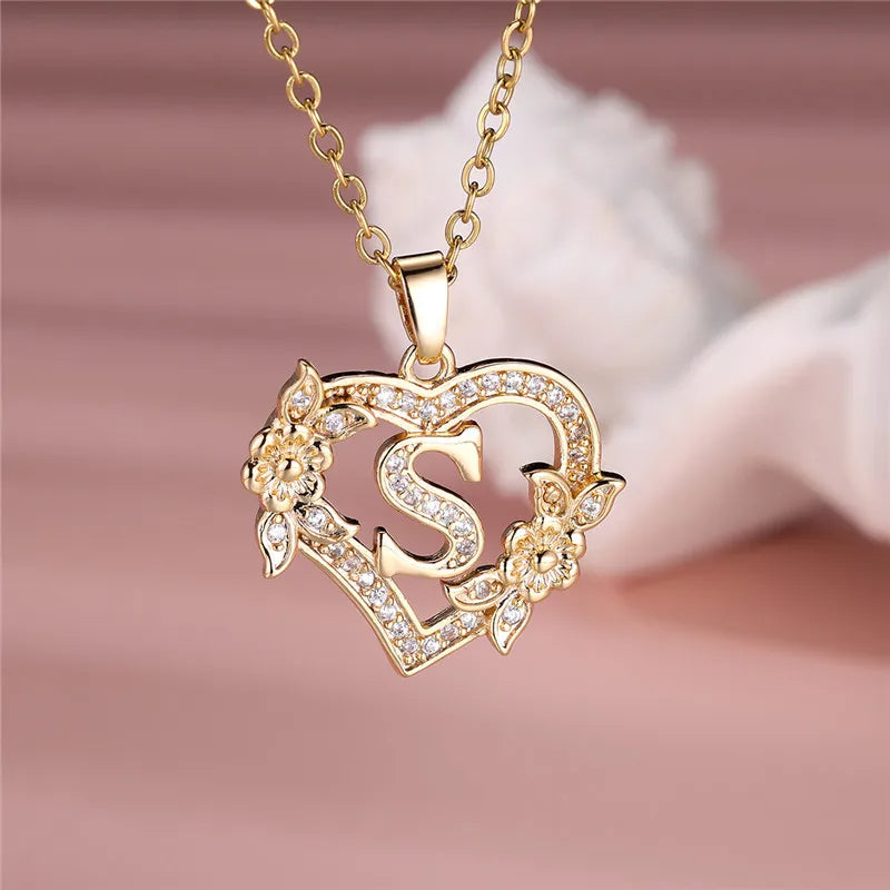 Flower Heart Pendant Necklace (choose from A to Z Letter)