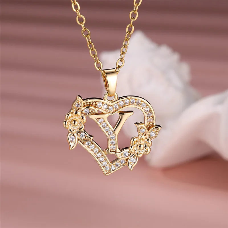 Flower Heart Pendant Necklace (choose from A to Z Letter)