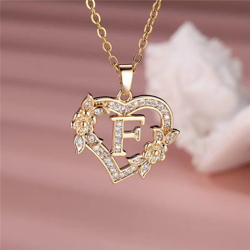 Flower Heart Pendant Necklace (choose from A to Z Letter)