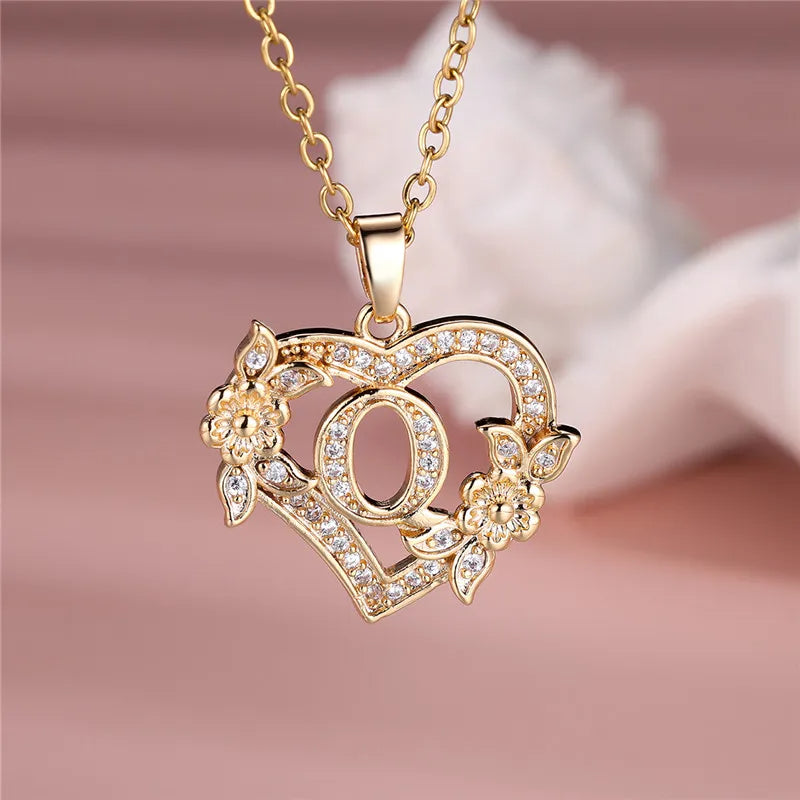 Flower Heart Pendant Necklace (choose from A to Z Letter)