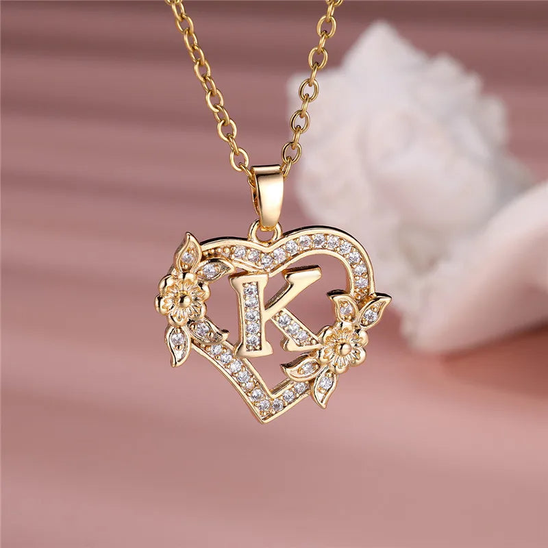 Flower Heart Pendant Necklace (choose from A to Z Letter)