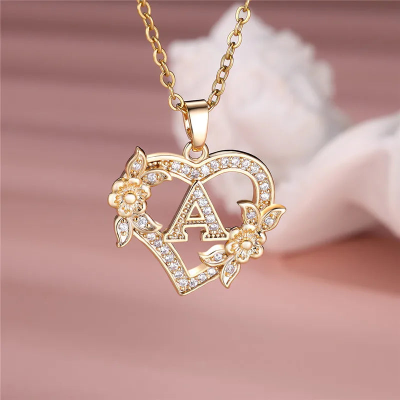 Flower Heart Pendant Necklace (choose from A to Z Letter)