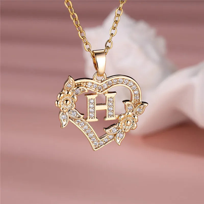 Flower Heart Pendant Necklace (choose from A to Z Letter)