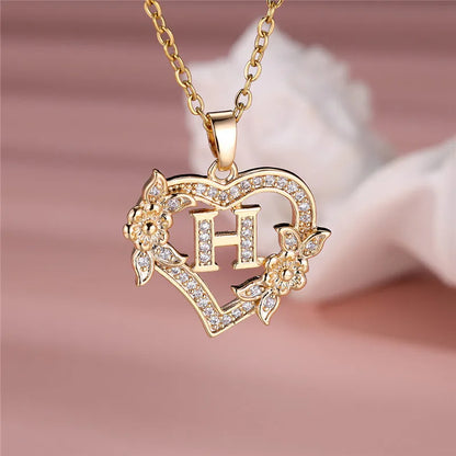 Flower Heart Pendant Necklace (choose from A to Z Letter)