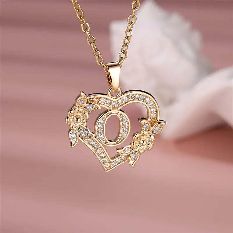 Flower Heart Pendant Necklace (choose from A to Z Letter)