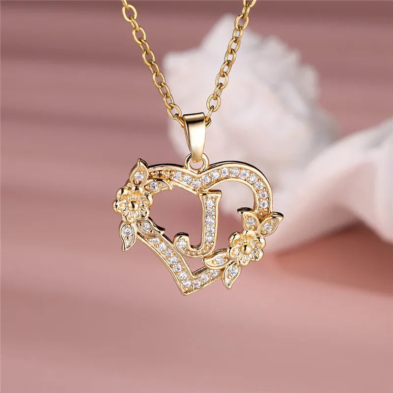 Flower Heart Pendant Necklace (choose from A to Z Letter)