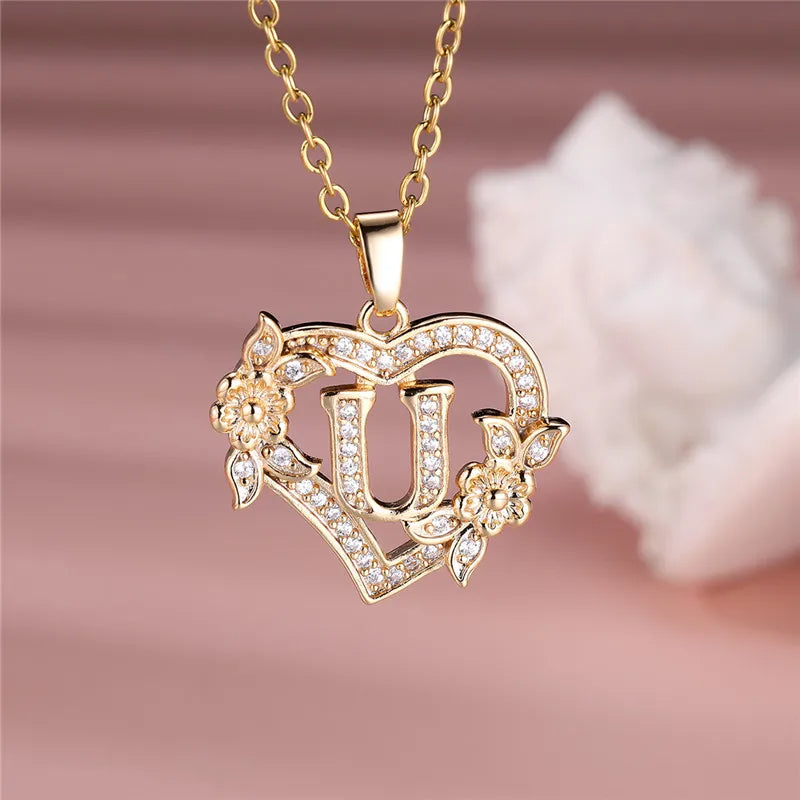 Flower Heart Pendant Necklace (choose from A to Z Letter)