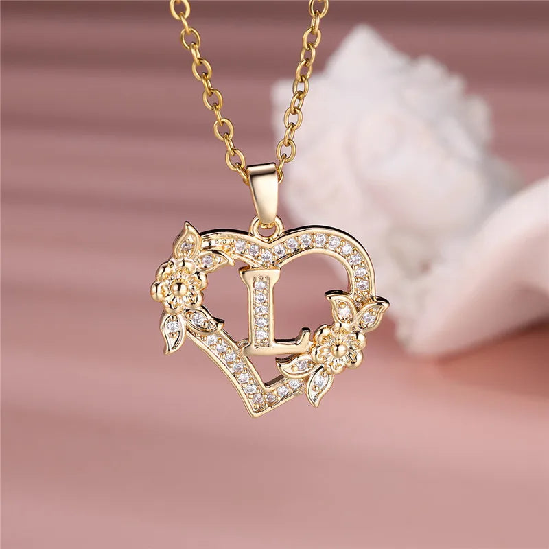 Flower Heart Pendant Necklace (choose from A to Z Letter)