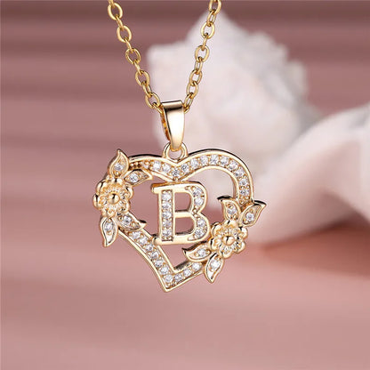 Flower Heart Pendant Necklace (choose from A to Z Letter)